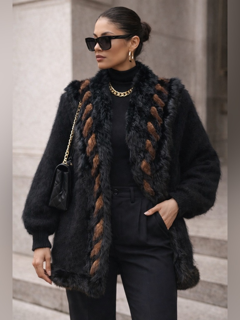 Vintage Angora Rabbit Hair Sweater Coat Cardigan Real Fur Black Brown One Size